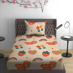 WEAVE AND DECOR Cream Printed Microfiber 300TC Single Bedsheet & 1 Pillow Cover 90x60Inch-image-86