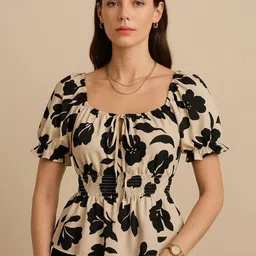 Mast & Harbour Floral Printed Puff Sleeve Smocked Peplum Top-picture-26