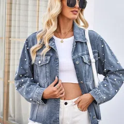 Oh Rare Embellished Spread Collar Crop Denim Jacket-picture-39