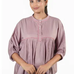 PALL&WE Pleated Detail Mandarin Collar Cotton Top-picture-36