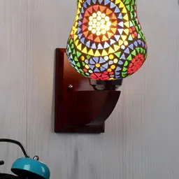 Devansh White & Green Printed Wood Traditional Wall Lamp image 1