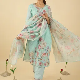 Indo Era Women Floral Embroidered Regular Thread Work Linen Kurta with Trousers & With Dupatta image 2