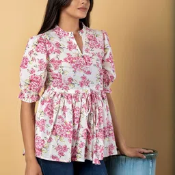 KALINI Floral Print Mandarin Collar Puff Sleeve Cotton Top-image-78