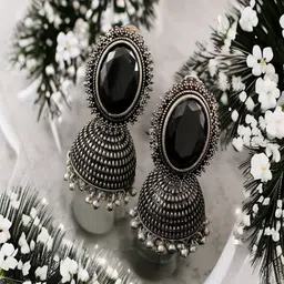 UNIVERSITY TRENDZ Silver-Plated Artificial Stones Studded Dome Shaped Oxidised Jhumkas image 5