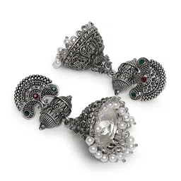 Sangria Red & Green Silver-Plated Stone-Studded & Beaded Jhumka image 3