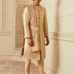 Tasva Men Golden Woven Design Zardozi Embroidered Detail Sherwani Set image 4
