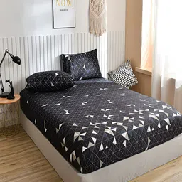 JC HOME Black & White Geometric Fitted 140 TC Single Bedsheet with 1 Pillow Covers image 3