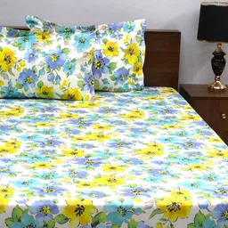 BOMBAY DYEING Allure Blue & White Printed 144 TC Pure Cotton Queen Fitted Bedsheet Set image 3