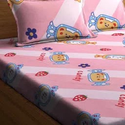 FABINALIV Pink & Red Cartoon Characters 300 TC Fitted King Bedsheet & 2 Pillow Covers image 3