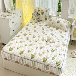 JC HOME White & Green Conversational 160 TC Fitted King Bedsheet with 2 Pillow Covers image 3