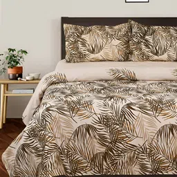 Aura Beige & Green Floral Cotton 144 TC Queen Bedsheet With 2 Pillow Covers image 3