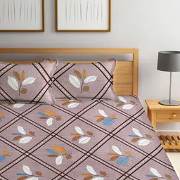 Arrabi Set Of 2 Brown & Blue Floral 300 TC King Bedsheets With 4 Pillow Covers image 3