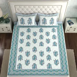 LA VERNE White & Blue Ethnic Motifs 140 TC Cotton King Bedsheet With 2 Pillow Covers image 3