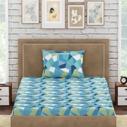 PETAL HOME Blue & Green Geometric 300 TC Cotton Single Bedsheet with 1 Pillow Covers image 3