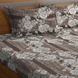 KLOTTHE Brown & Grey Floral Printed 300 TC Fitted King Bedsheet With 2 Pillow Covers image 3