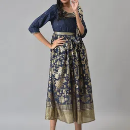 AURELIA Navy Blue Ethnic Motifs A-Line Midi Dress image 3