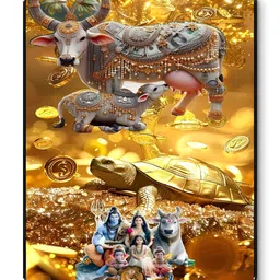 Myntra Elegant Homes Gold-Toned & Blue Kamdhenu Cow Tortoise Shiva Family Wall Art-picture-13