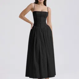 KPOP Women Shoulder Straps Solid Fit & Flare Midi Dress-image-99