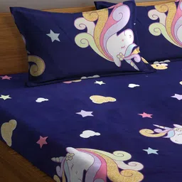 FABINALIV Navy Blue & Pink Printed 300 TC Fitted King Bedsheet & 2 Pillow Covers image 2