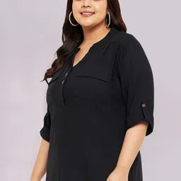 wild U Plus Size Mandarin Collar Roll-Up Sleeves Top image 3