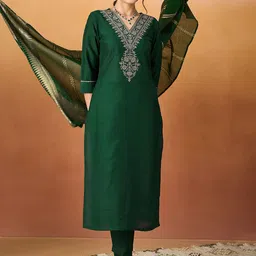 KALINI Ethnic Motifs Embroidered V-Neck Straight Kurta With Trousers & Dupatta-picture-26