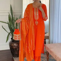 TURITY Women Ethnic Motifs Embroidered Regular Thread Work Kurta with Trousers & With Dupatta image 3