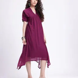 fusion by glitchez Striped V-Neck Extended Sleeves Gathers A-Line Midi Dress-image-8