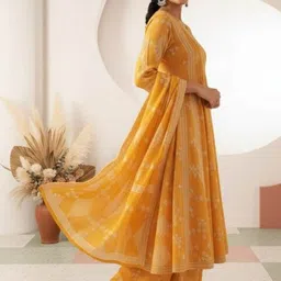 KALINI Ethnic Motifs Printed V-Neck Thread Work Pure Cotton Kurta With Palazzos & Dupatta image 3