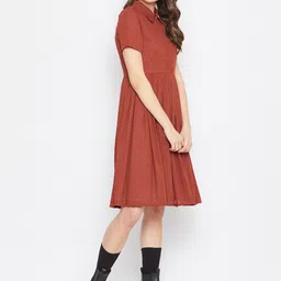 DELAN Brown Polka Dot Printed Fit & Flare Pleated Dress image 4