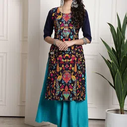 7threads KALINI Women Multicoloured Floral Printed Thread Work Crepe Kurta image 3