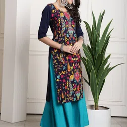 7threads KALINI Women Multicoloured Floral Printed Thread Work Crepe Kurta image 3