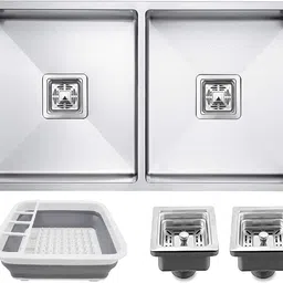 EVANEX Kitchen Sink 37"x18"x10" Handmade Double Bowl Kitchen Sink | 304 Grade Stainless Steel Matt Finish Sink | Handmade Double Bowl Sink for Basin Vessel Sink-image-56