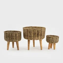 DecorTwist 3 Pcs Brown Seagrass Planter with Stand image 3