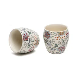 Arrabi White & Blue 6 Pieces Floral Printed Ceramic Glossy Kulladhs 220 ml Each image 3