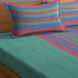 Arrabi Green & Red Striped Cotton 300 TC King Bedsheet with 2 Pillow Covers image 2