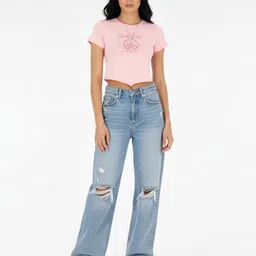 glitchez Graphic Printed Asymmetric Hem Fitted Crop Top image 5