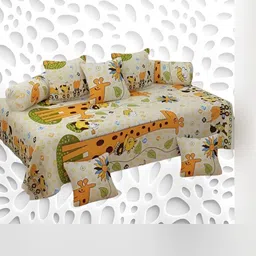 WELLNEST 8Pcs Yellow & Off White Leaf Printed Cotton Diwan Set-image-81