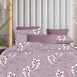 Sleeping Owls Mauve & White Floral 144 TC Queen Bedsheet with 2 Pillow Covers-image-36