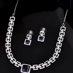 VOJ Stainless Steel Silver Plated Cubic Zirconia Studded Geometrical Shaped Jewellery Set-image-4