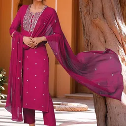 GoSriKi Floral Embroidered Thread Work Straight Kurta with Trousers & Dupatta image 3