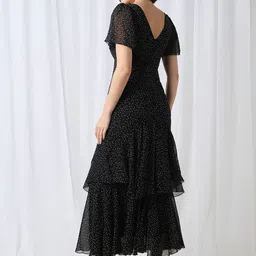 Globus Women Black V-Neck Flared Sleeves Polka Dot Georgette Layered Fit & Flare Dress image 3