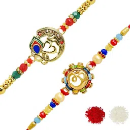 MEIRA JEWELLERY Set Of 2 Om Designer Rakhis With Greeting Card & Roli Chawal-picture-22