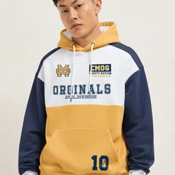 Crazymonk Men Yellow White & Navy Blue CM Versity Oversized Pullover Hoodie-image-84