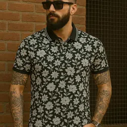 Austin wood Floral Printed Polo Collar Cotton T-shirt-picture-38