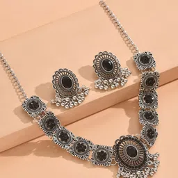 Peora Oxidized Silver-Plated Stone Studded Floral Choker Necklace & Earrings Jewellery Set-picture-11