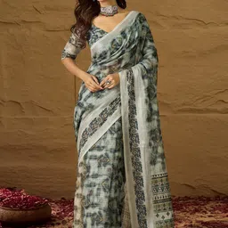 House of Pataudi Digital Printed Linen Bagh Saree With Matching Blouse Piece-picture-11