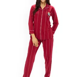 Lotik Women Striped Lapel Collar Night suit-picture-14