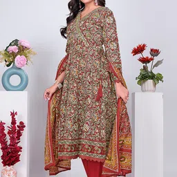 Pionex Women Floral Printed Angrakha Pure Cotton Anarkali Kurta with Trousers & Dupatta image 3