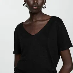 MANGO V-Neck Drop-Shoulder Sleeves Pure Linen T-shirt-picture-12