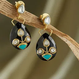 Fabindia Stone Studded Silver Teardrop Shaped Drop Earrings-picture-13